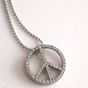 14KT White Gold Diamonds Round Peace Sign Pendant Necklace